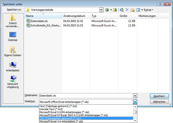 Menü Speichern unter